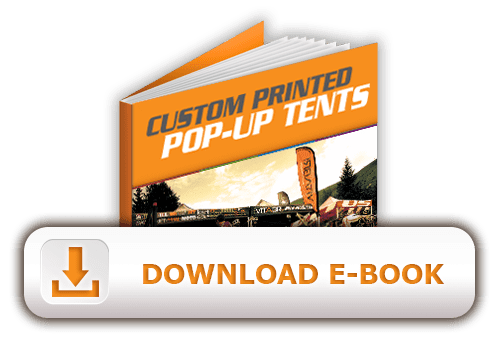 E-book cover titled Custom Printed Pop-Up Tents with an image of tents in the background. Below the cover, theres a button labeled Download E-Book with a downward arrow icon.