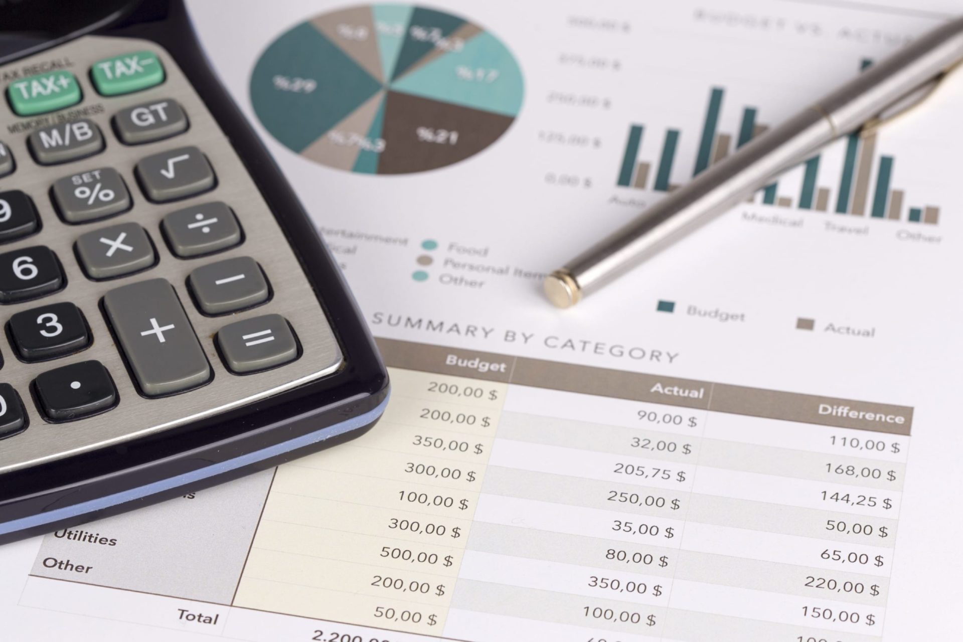 A calculator, pen, and financial documents rest on a desk. The papers display budget charts and graphs alongside a summary of utilities and expenses from an outdoor expo, highlighting budgeted versus actual amounts with variations.