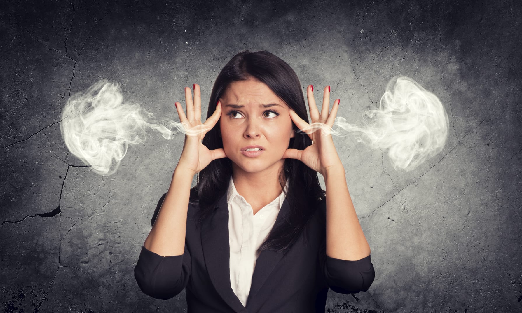 A woman in a suit holds her temples with both hands, appearing frustrated as if dealing with a custom canopy order gone wrong. Smoke or steam is digitally added to suggest it's coming out of her ears, set against a gray textured background.