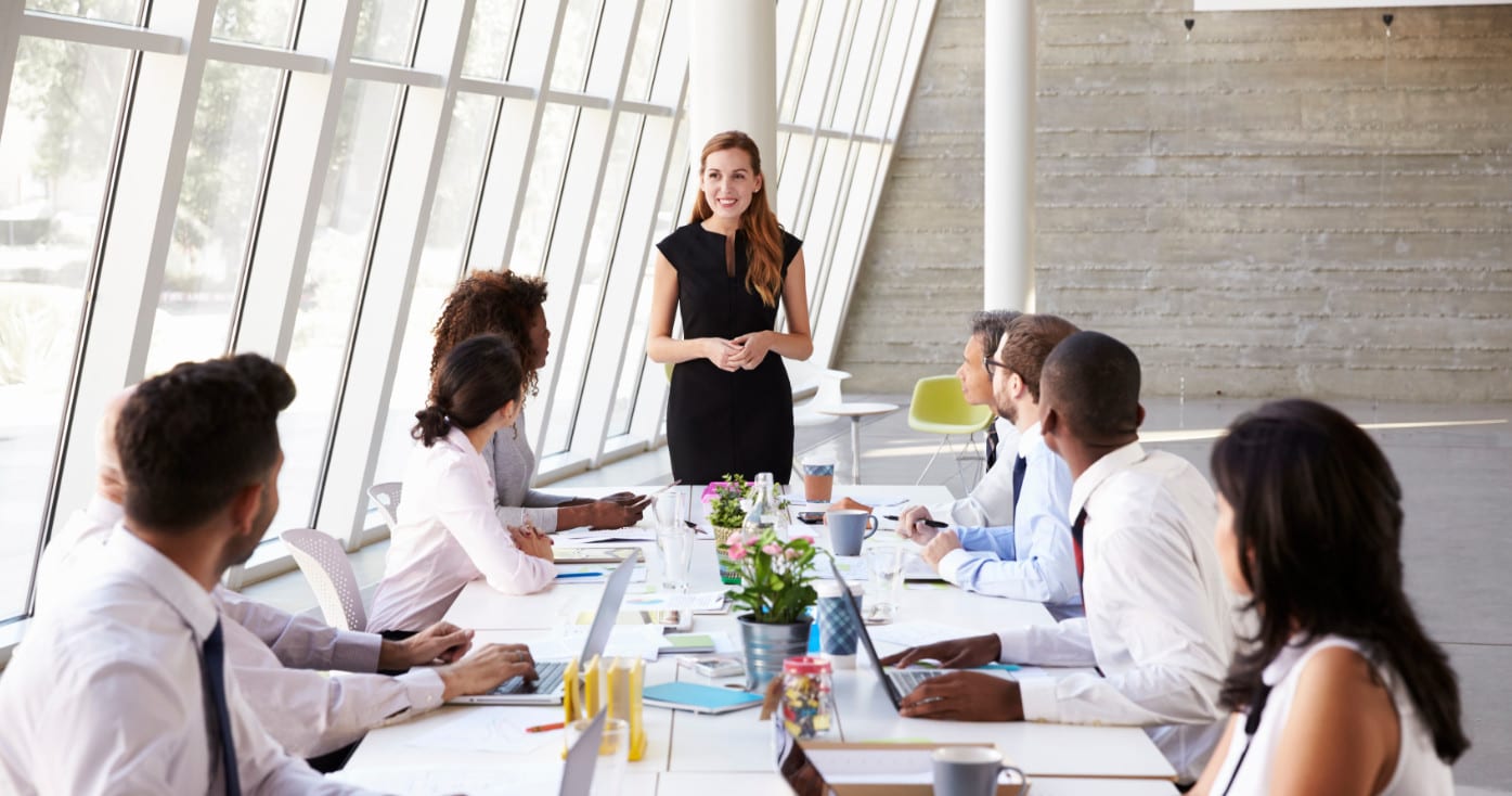 A woman stands at the head of a long conference table, presenting to a diverse group of professionals. Large windows let in natural light, and office supplies and promotional items are scattered on the table. The room has a modern, minimalistic design.