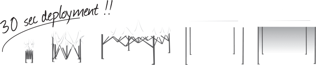 Illustration showing a step-by-step deployment of a commercial canopy tent from a folded state to fully open, with text stating 30 sec deployment!! on the left.