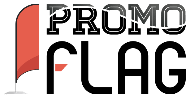 Logo featuring the words PROMO FLAG in bold black letters. An illustration of a red flag on a curved pole is integrated into the design, positioned next to the word PROMO, evoking the sleek elegance of custom printed flags.