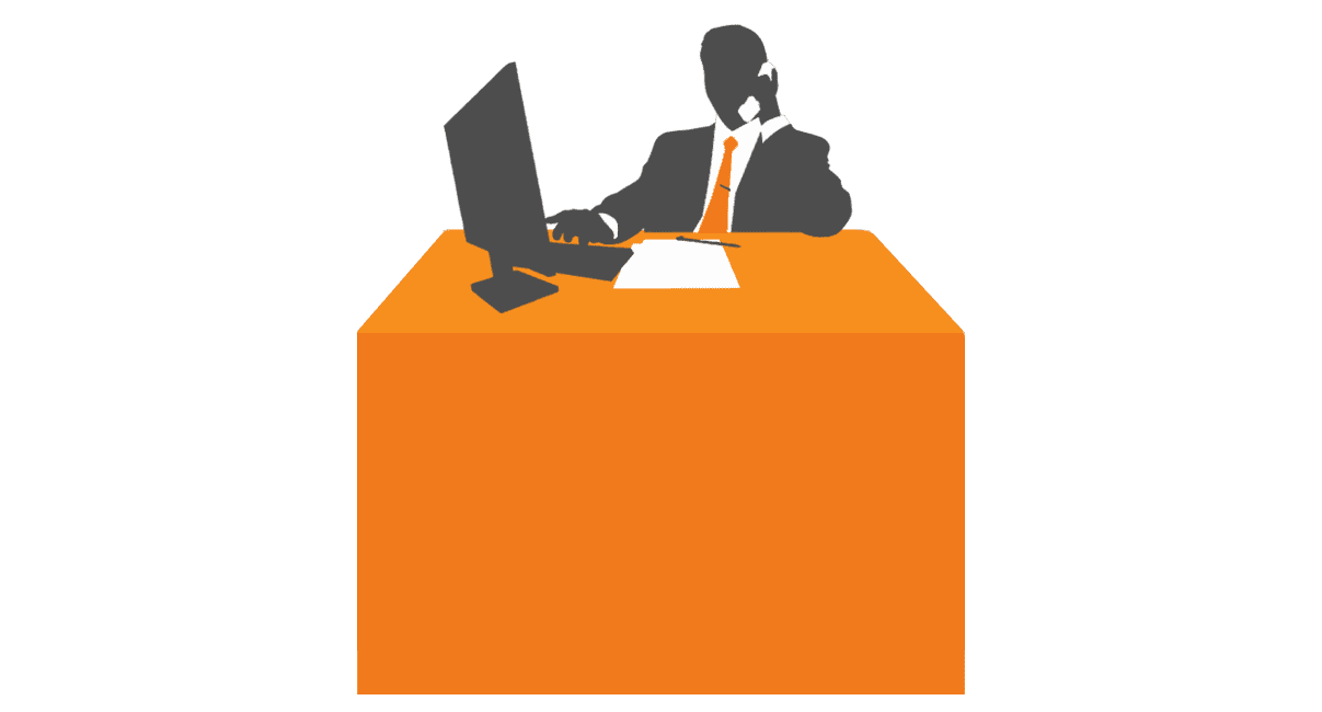 Silhouette of a person wearing a headset, sitting at an orange desk adorned with custom printed tablecloths, along with a computer monitor and papers, suggesting a vibrant working environment.