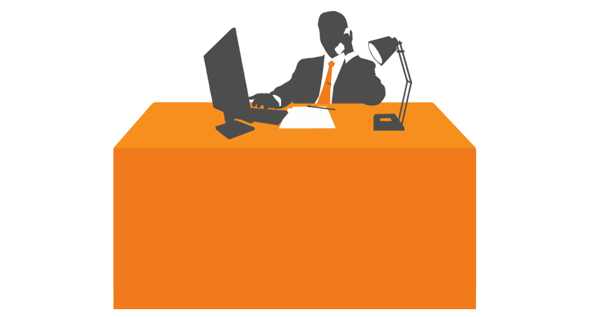A silhouette of a person sits at an orange desk adorned with custom printed tablecloths, flanked by a computer monitor, lamp, phone, and papers. The scene exudes a professional business setting.