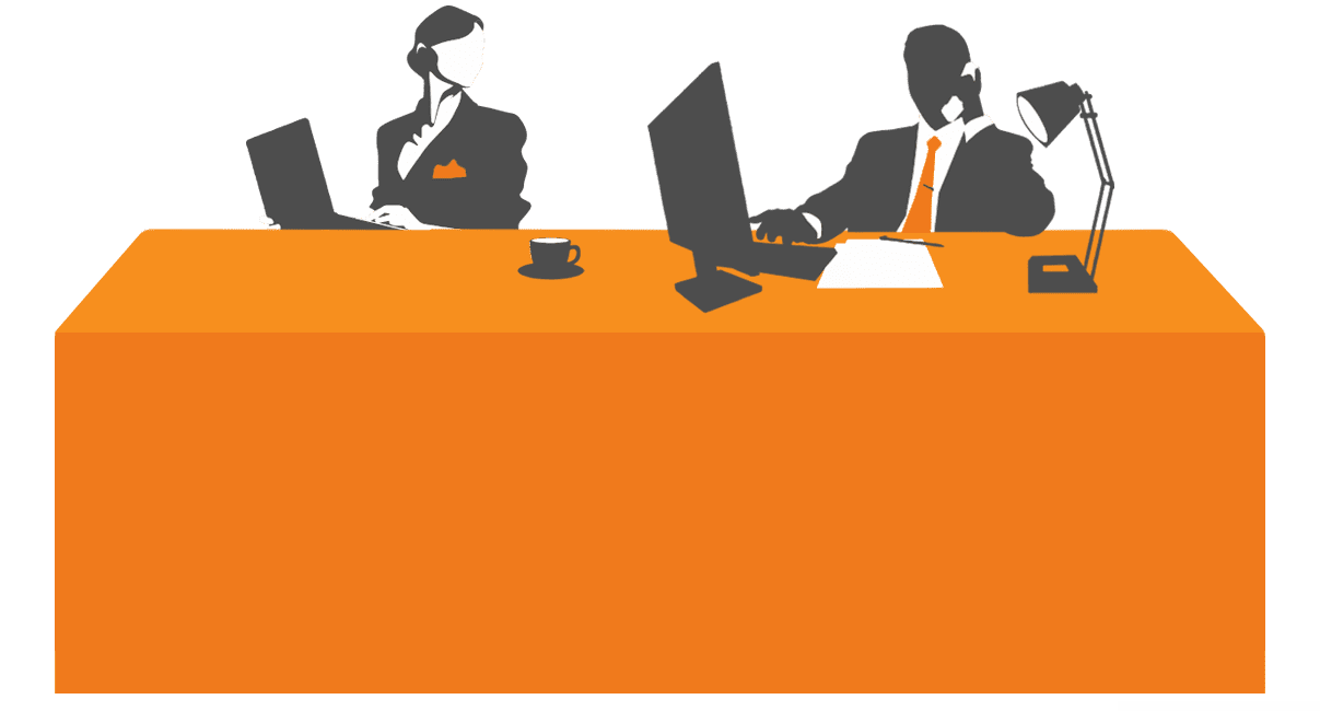 Silhouettes of a man and woman sit at a large orange desk adorned with custom printed tablecloths. The man, holding a telephone, gazes at the computer screen, while the woman types away on her laptop. A cup and lamp add to the desk's charm.