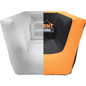 A split design inflatable chair, part of a chic inflatable furniture collection, boasts half in a translucent gray and the other half in solid black and orange. It features a logo on the backrest and showcases its modern, cube-shaped style perfectly.