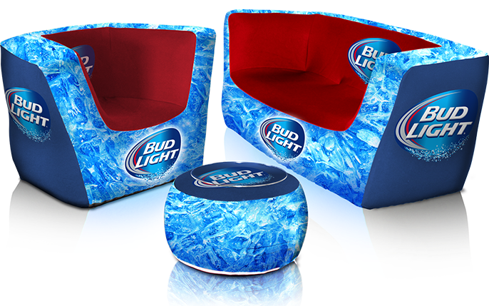Two blue and red branded inflatable couches and a round ottoman, all displaying the Bud Light logo. The design includes ice patterns, creating a refreshing and inviting look.