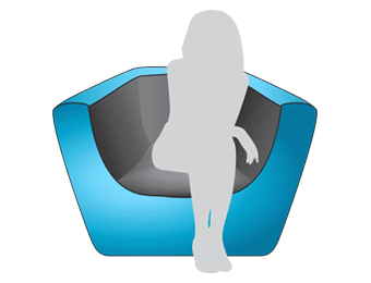 Silhouette of a person lounging on a modern, blue and gray armchair, evocative of sleek inflatable furniture, against a transparent background.
