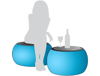 Silhouette of a person sitting on a blue round ottoman, reminiscent of inflatable furniture. Another ottoman serves as a table, holding a wine glass and a bottle. The background is transparent.