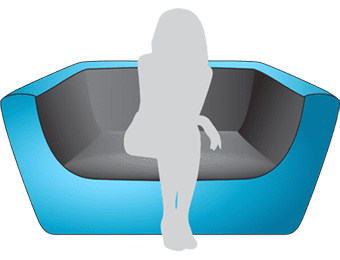 Silhouette of a person lounging on a sleek, blue and gray couch, reminiscent of modern inflatable furniture.