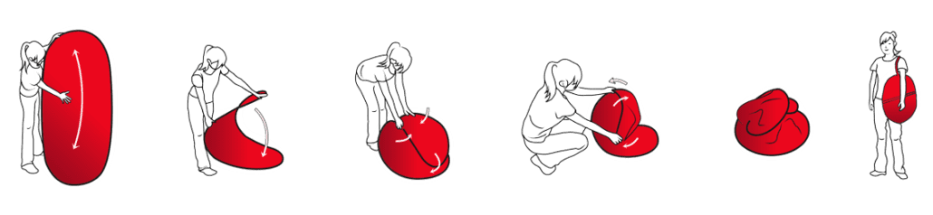 A step-by-step illustration of a person folding a large red bean bag unfolds like custom pop up banners. The sequence shows the person compressing and rolling it into a compact, round shape, then standing proudly beside it.