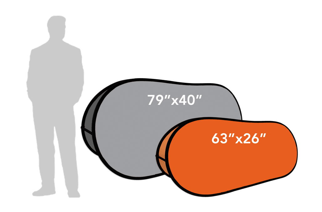 An illustration featuring custom pop-up banners compares the sizes of two bean bag chairs, one grey at 79x40 and one orange at 63x26. A silhouette of a person stands beside them for scale, enhancing the visual understanding.