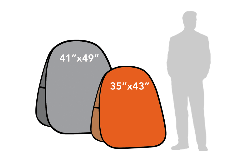 Illustration comparing two storage bag sizes with measurements: the larger gray bag at 41x49 inches and the smaller orange one at 35x43 inches. A silhouette of a person provides scale next to the bags, reminiscent of eye-catching custom pop up banners for size reference.