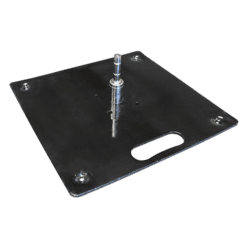 A flat, square black metal base plate with a central steel pin and carrying handle. The plate has four corner holes for mounting or securing.