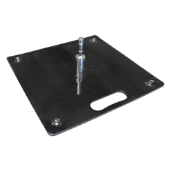 A flat, square black metal base plate with a central steel pin and carrying handle. The plate has four corner holes for mounting or securing.