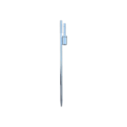 Tall metal pole with a small cylindrical device attached near the top, possibly part of a piece of equipment, against a plain white background.