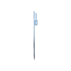 Tall metal pole with a small cylindrical device attached near the top, possibly part of a piece of equipment, against a plain white background.