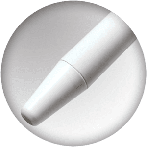 Close-up of a white stylus pen tip on a circular background. The pen has a smooth, sleek design, emphasizing its precision.