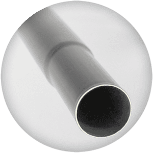 Close-up of a gray metal pipe with a smooth surface, shown at an angle. The pipe is cylindrical and extends towards the bottom left corner of the image, with a subtle reflection indicating a well-polished finish.