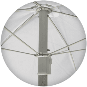 Close-up view of the interior framework of a white umbrella, showing the metal ribs and central pole.