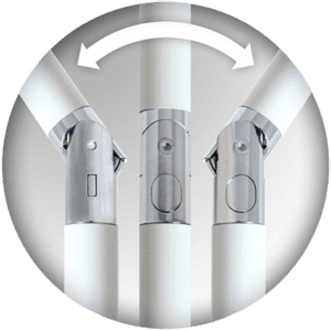 Image shows three metallic hinges on cylindrical poles with a white surface, arranged in a row. The hinges are shown at different angles illustrating flexibility. A white double-headed arrow above indicates movement.