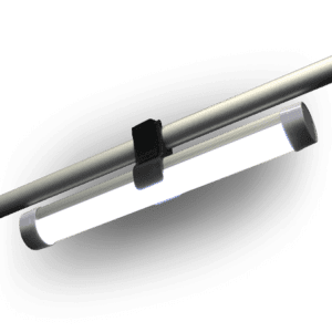 A Re-Chargeable LED Light is mounted horizontally to a rod using a black clip, featuring a sleek, modern design and grey end caps.