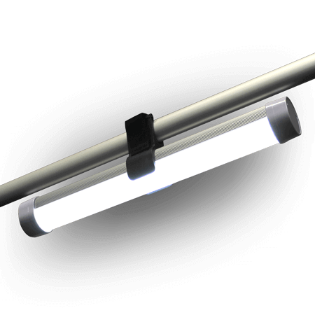 A Re-Chargeable LED Light is mounted horizontally to a rod using a black clip, featuring a sleek, modern design and grey end caps.