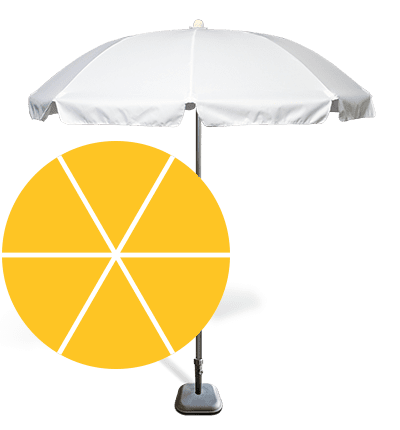 A white patio umbrella stands upright on a grey base, accompanied by a large yellow circle featuring white diagonal lines, resembling a stylized segmented design.