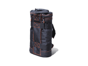 Product Description: A sleek cylindrical backpack featuring orange stitching details and two horizontal straps. It includes a handle on top and a visible zippered closure, all set against a plain background.