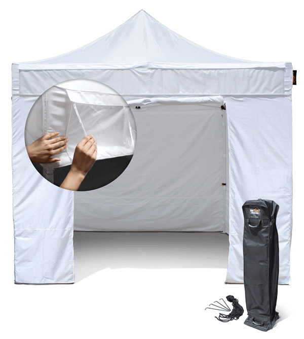 A white pop-up canopy tent with one open side and a close-up inset showing hands zipping a sidewall. Includes a black carrying bag and stakes at the front.