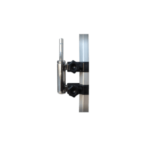 A Flag Holder with a chrome finish and a black mounting bracket is secured to a vertical translucent panel, standing out against the neutral background.