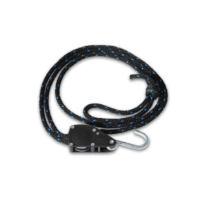 The Professional Ratchet & Rope, featuring a black and blue braided design, is coiled with a metal hook on one end and a pulley mechanism on the other. It is neatly arranged against a solid black background.