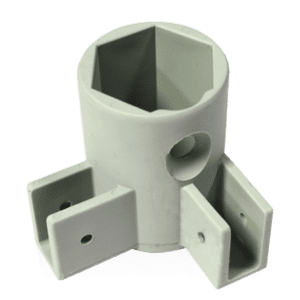 The V3 Canopy Frame - Corner Leg Slider - Part #10 is a gray, cylindrical plastic bracket featuring a hexagonal opening at the top and three rectangular extensions at the base, each equipped with a hole for mounting.