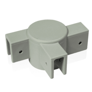 The V3 Canopy Frame - Middle Leg Cap (Part #11, 10x20 only) is a gray, cylindrical plastic fitting with a central hub and three rectangular arms featuring square openings and fastening holes, making it perfect for seamlessly joining or connecting structures.