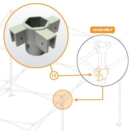 Diagram showcasing a detailed view of the metal connector, an essential spare part identified as Part #11 within the 10x20 Only frame structure of the V3 Canopy framework. This middle leg cap features multiple attachment points for structural rods.