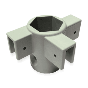 The "V3 Canopy Frame - Middle Leg Cap - Part #11 (10x20 only)" is an essential gray metal connector featuring a hexagonal center and four rectangular extensions, each equipped with a circular hole, designed for joining structural elements in the v3 canopy frame.