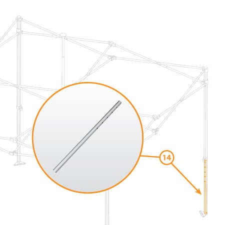 Illustration of the V4 Lite Canopy Frame featuring a pop-up tent structure with a close-up circular inset highlighting the Part #14 metal pole. The background outlines the tent's overall structure.