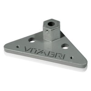 A triangular bracket from the V3 Canopy Frame, featuring a central raised hexagonal socket and two mounting holes on each side, with the brand name VITABRI engraved on its surface.