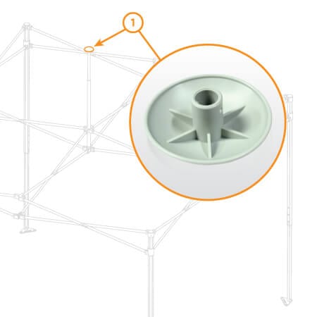 Close-up of a green plastic connector piece used in a collapsible frame structure. The zoomed-in circle highlights the connectors shape and design details, with the partially visible frame structure in the background.