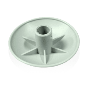 Image of a gray plastic circular base with a central cylindrical post and five radial supports. The base appears smooth and is likely a component of a larger assembly or stand.
