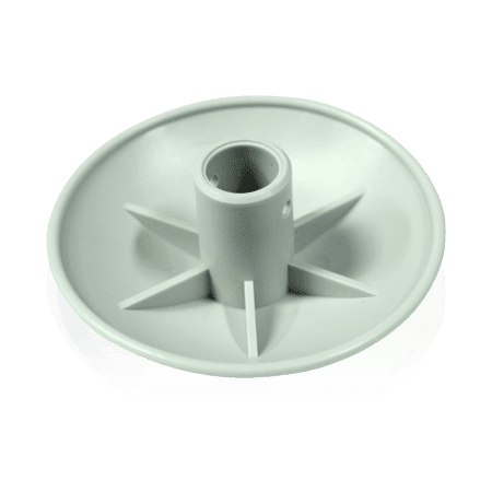 Image of a gray plastic circular base with a central cylindrical post and five radial supports. The base appears smooth and is likely a component of a larger assembly or stand.