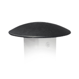 A black, dome-shaped item with a flat base is secured to a metallic bracket that features a small screw on the visible side. This V4 Canopy Frame - Peak Pole Cap, Part #1, appears to be designed as a wall-mounted fixture or device, potentially enhancing stability.
