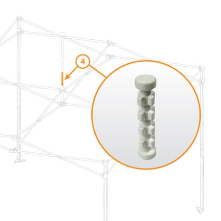 An illustration displays the V3 Canopy Frame, highlighting an inset that zooms in on the Mast Spring - Part #4. This cylindrical component features a white, textured surface adorned with geometric shapes. The frame lines appear light, while the inset is distinguished by an orange border.