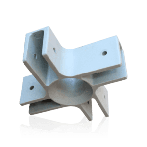 The V3 Canopy Frame - Upper Peak Pole Bracket - Part #5 is a metallic L-shaped bracket featuring multiple elongated holes for screws, specifically designed to connect beams or panels at right angles. It comes in a silver finish with a smooth surface and rests on a reflective surface, creating a soft shadow.