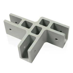 A V3 Canopy Frame - Bracket - Part #8, designed in a T-shape with multiple holes and slots for structural assembly or framing, is made of gray plastic. It rests on a plain background and casts a slight shadow.
