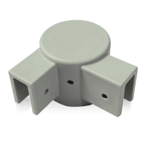 The V3 Canopy Frame - Corner Leg Cap - Part #9 features a gray design with a round central hub and three rectangular openings, each equipped with two small holes for screws or fasteners.