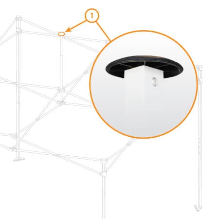 Diagram showing a close-up of a connector on a pop-up tent frame. The highlighted section focuses on the circular connector piece, emphasizing its attachment to the frame rods. The overall structure is sketched lightly in the background.