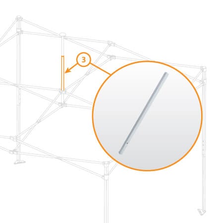 Diagram depicting a frame structure with a close-up of a cylindrical rod highlighted in an orange circle, labeled as the V5 Canopy Frame - Lower Peak Pole - Part #3, indicating its position within the structure.