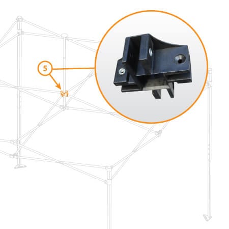 Close-up of a black plastic component from the V5 Canopy Frame used for pop-up display frames. The part, designated as Upper Peak Pole Bracket - Part #5, is highlighted in a circle over a faint outline of the frame structure, with an orange numbered label indicating its position on the frame.