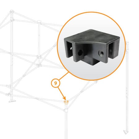 Close-up of the V5 Canopy Frame - Corner Leg Cap, a black plastic connector marked as Part #9. The image shows an outline of the frame structure in the background, with an orange circle emphasizing the connector's position.